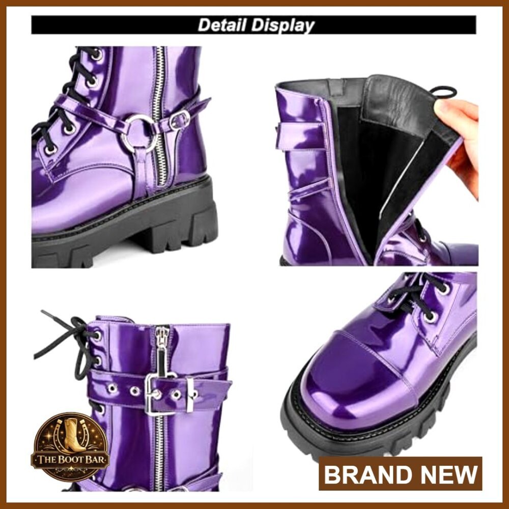 Steampunk Motorcycle Combat Boots Chunky Mid Calf Goth Lug Sole Lace Up Zipper - Picture 4 of 7